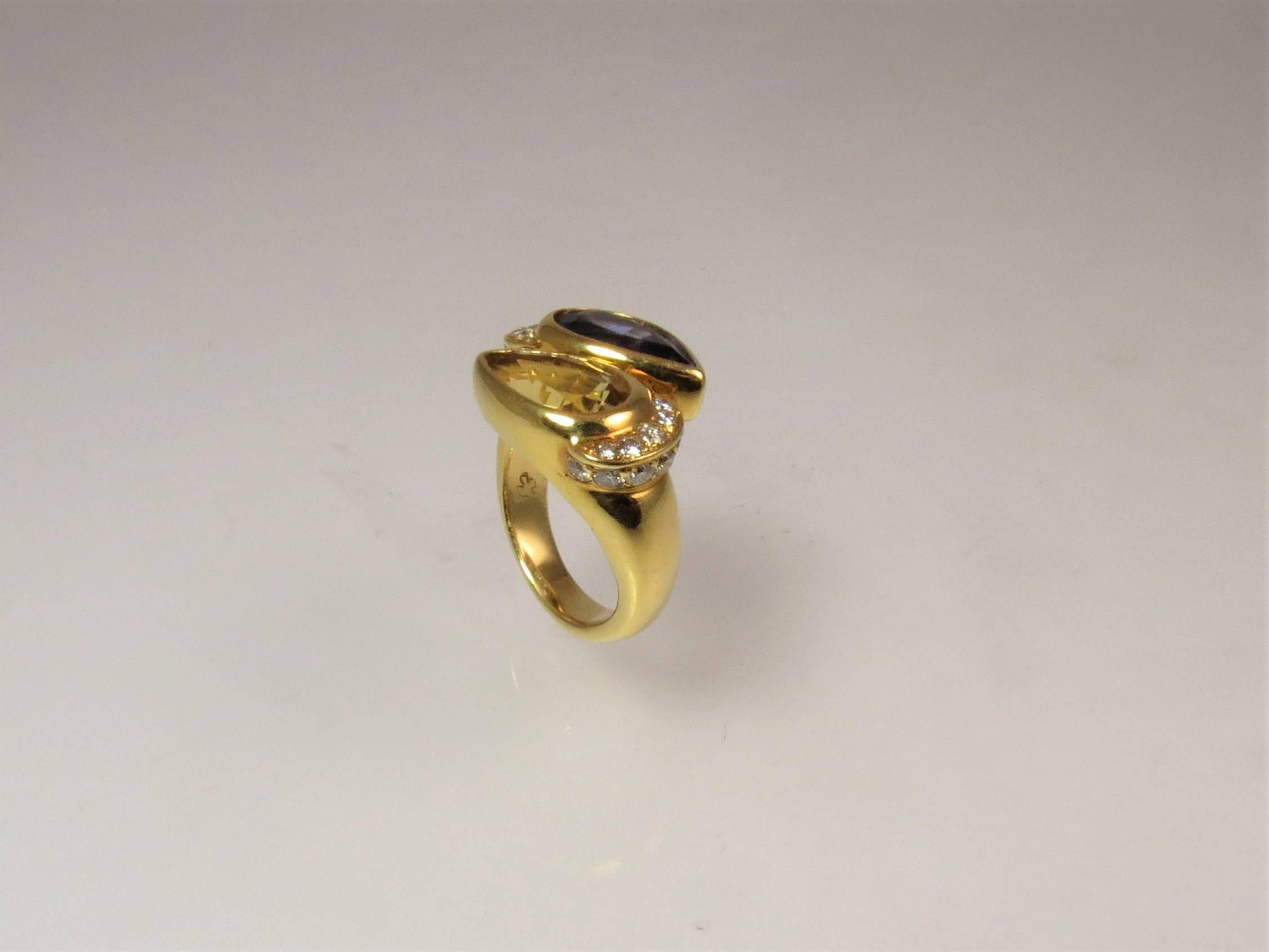 Contemporary Susan Berman 18 Karat Yellow Gold Tanzanite, Beryl and Diamond Ring For Sale