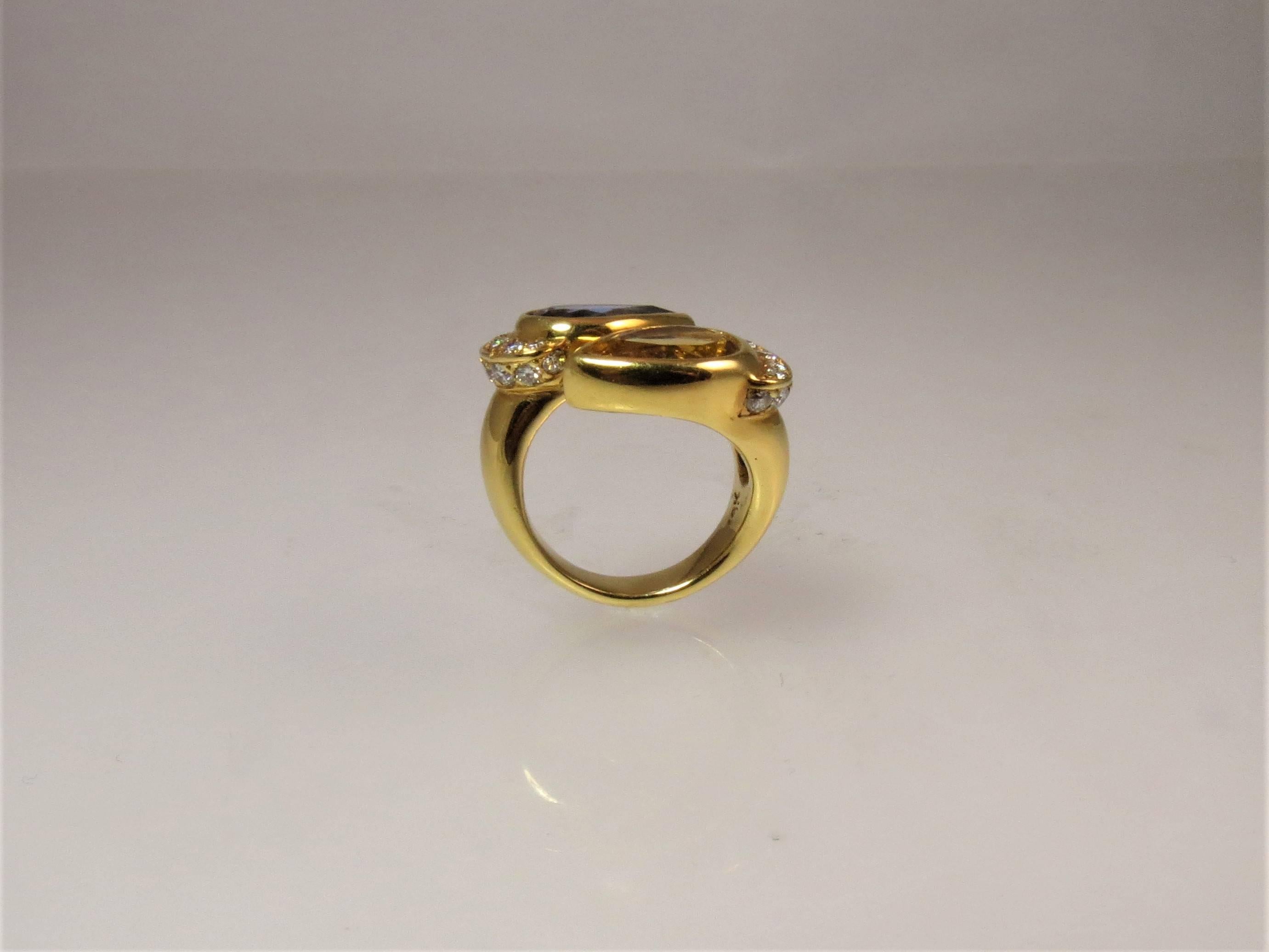 Pear Cut Susan Berman 18 Karat Yellow Gold Tanzanite, Beryl and Diamond Ring For Sale