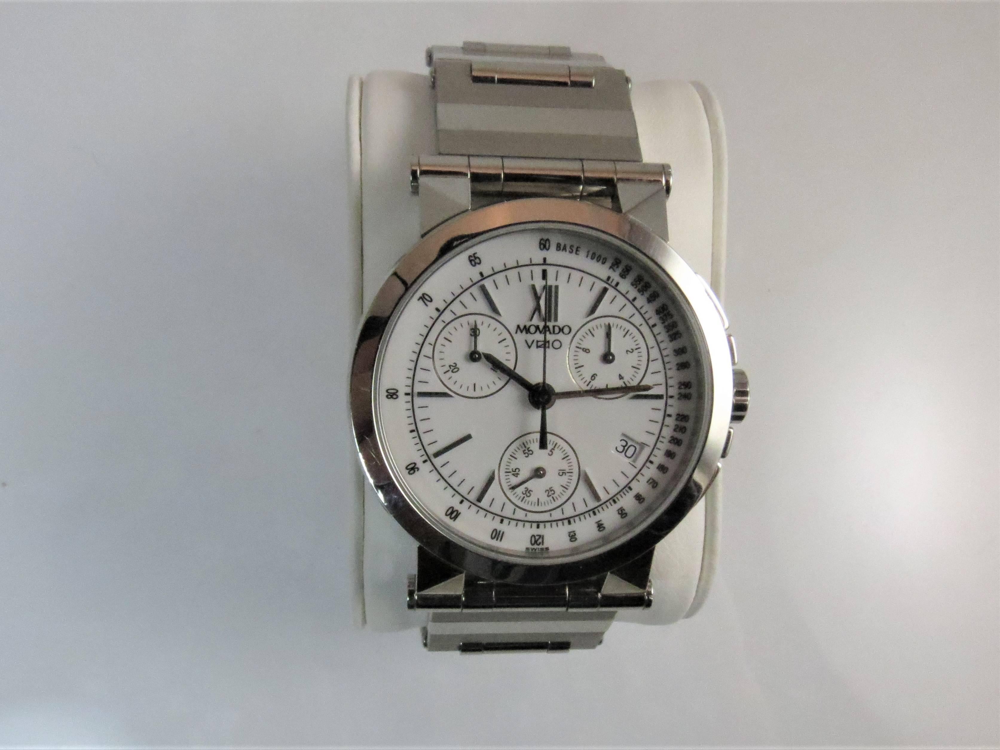 Brand new, never worn, stainless steel Movodo Vizio Chronograph bracelet watch, white dial, case size 36mm, complications: date, sub second, chronograph movement, quartz. 7 inches long, may be sized.Model number 84C50898R30, Serial #3399104
last