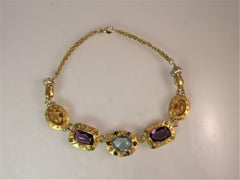 18 Karat Yellow Gold Textured Multi-Color Faceted Semi Precious Stone Necklace