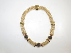 18K Yellow Gold Five Strand Ancient Roman Coin And Cabochon Ruby Necklace