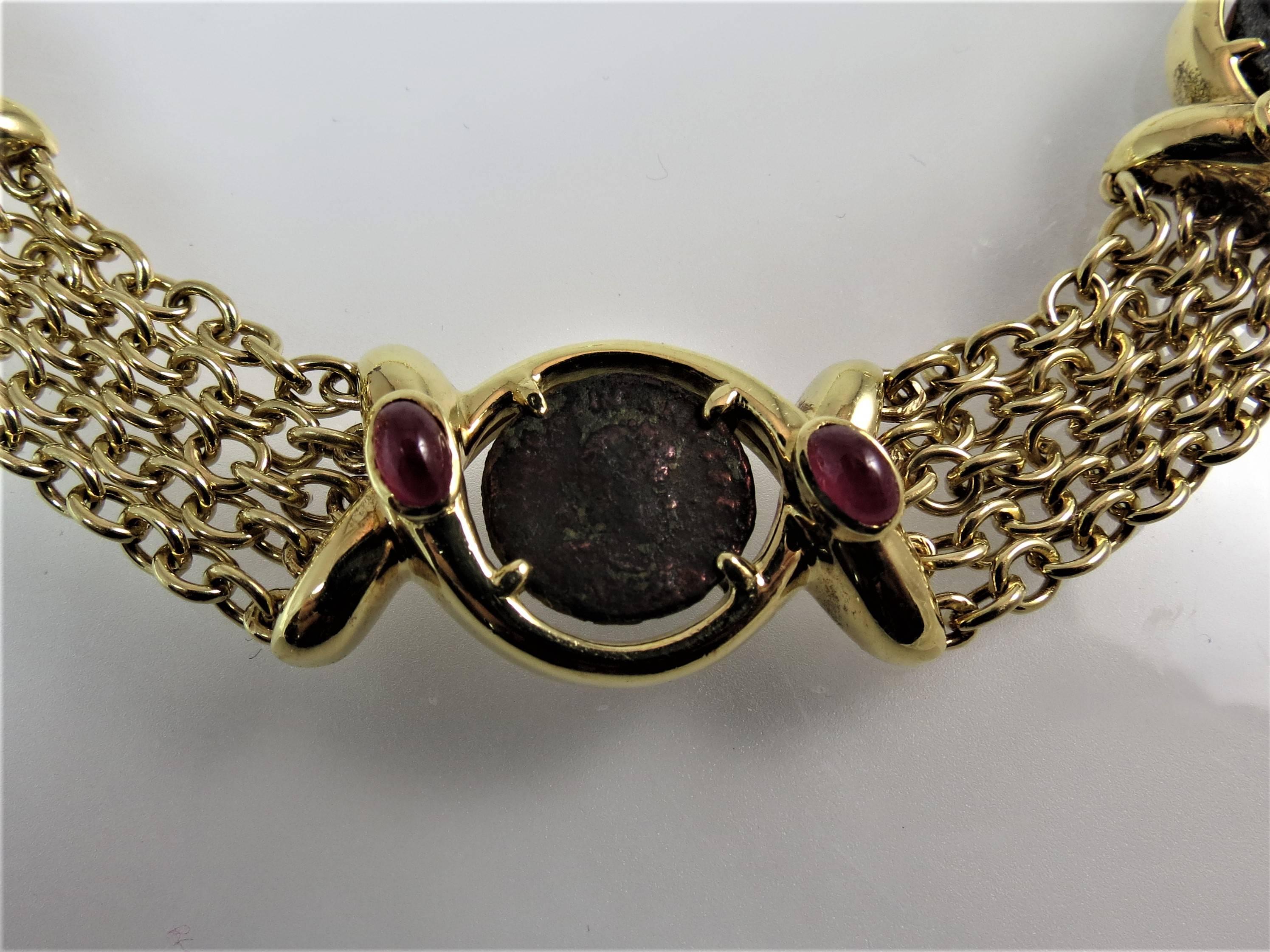 Contemporary 18K Yellow Gold Five Strand Ancient Roman Coin And Cabochon Ruby Necklace  For Sale