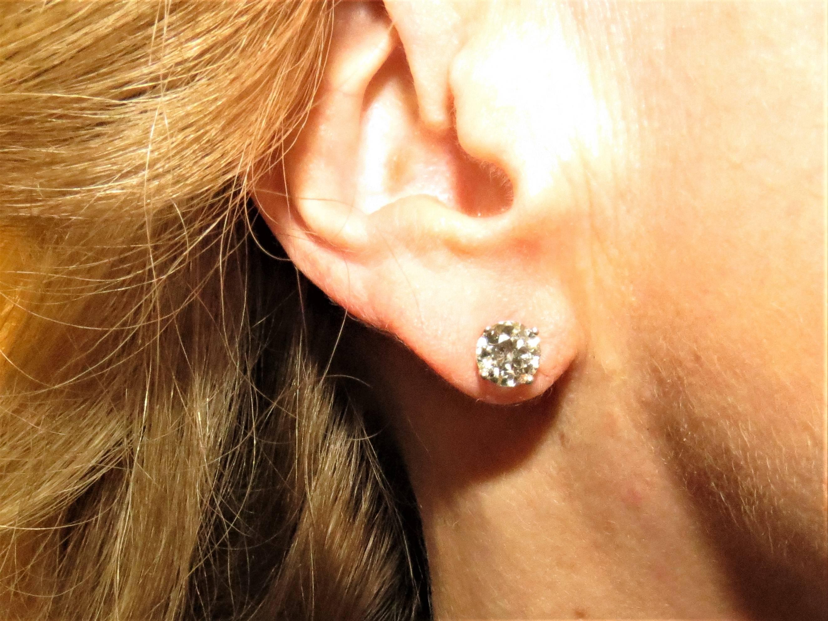 Contemporary European Cut Diamond Stud Earrings Set In Platinum Four Prong Settings