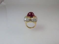 18 Karat Yellow Gold and Platinum Cabochon Ruby and Diamond Ring