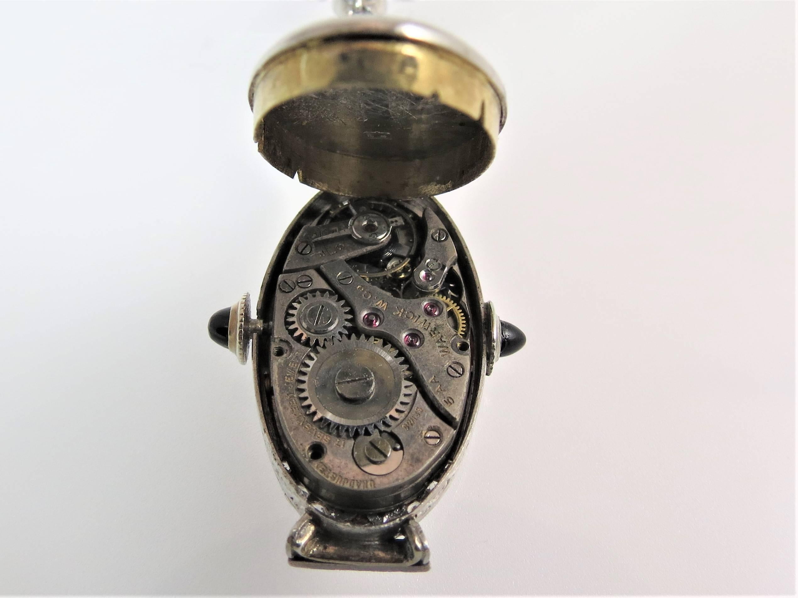 Victorian Vintage 14K White Gold, Diamond, Onyx and Sapphire Lapel Watch Pin