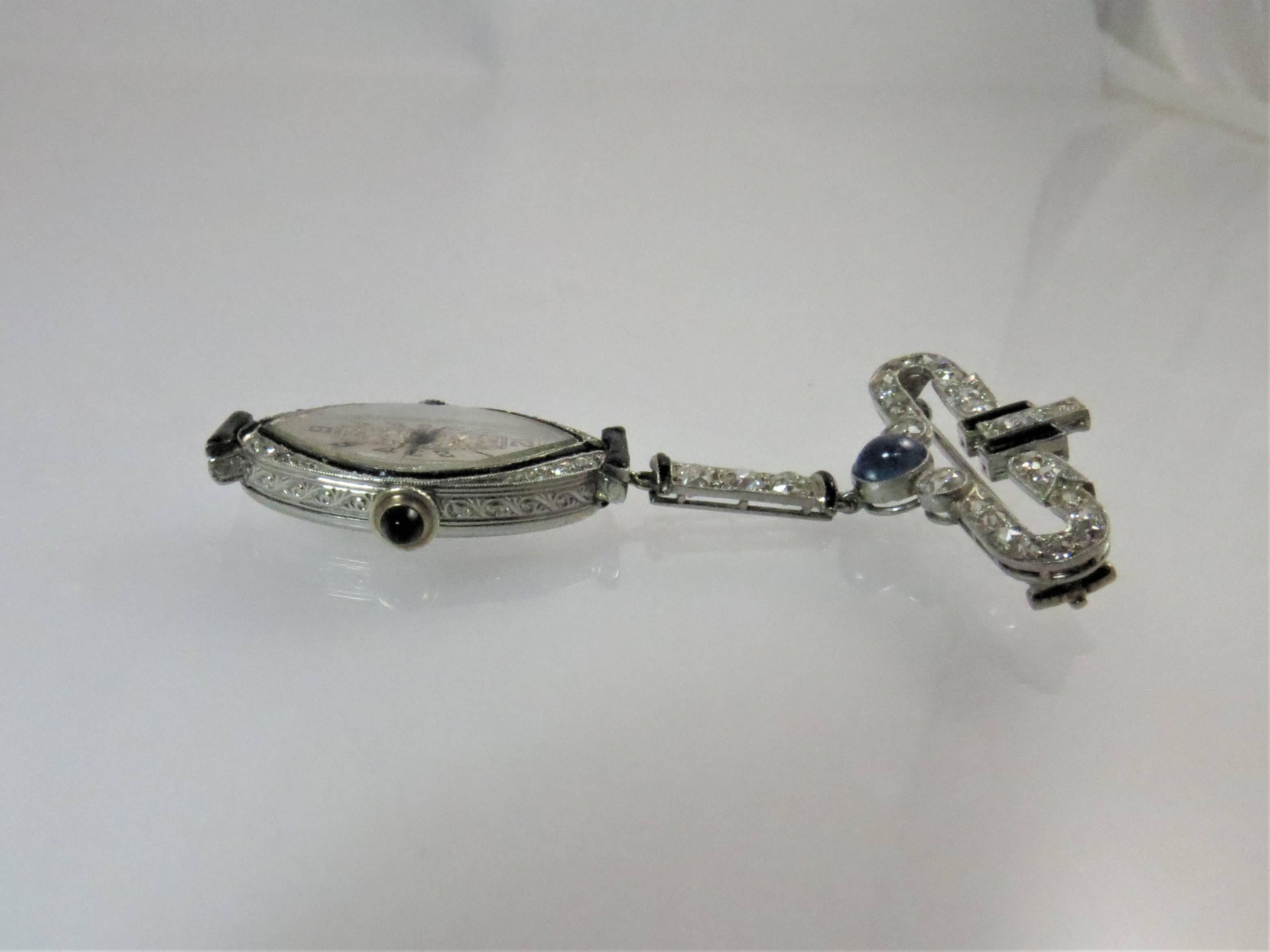 Women's Vintage 14K White Gold, Diamond, Onyx and Sapphire Lapel Watch Pin
