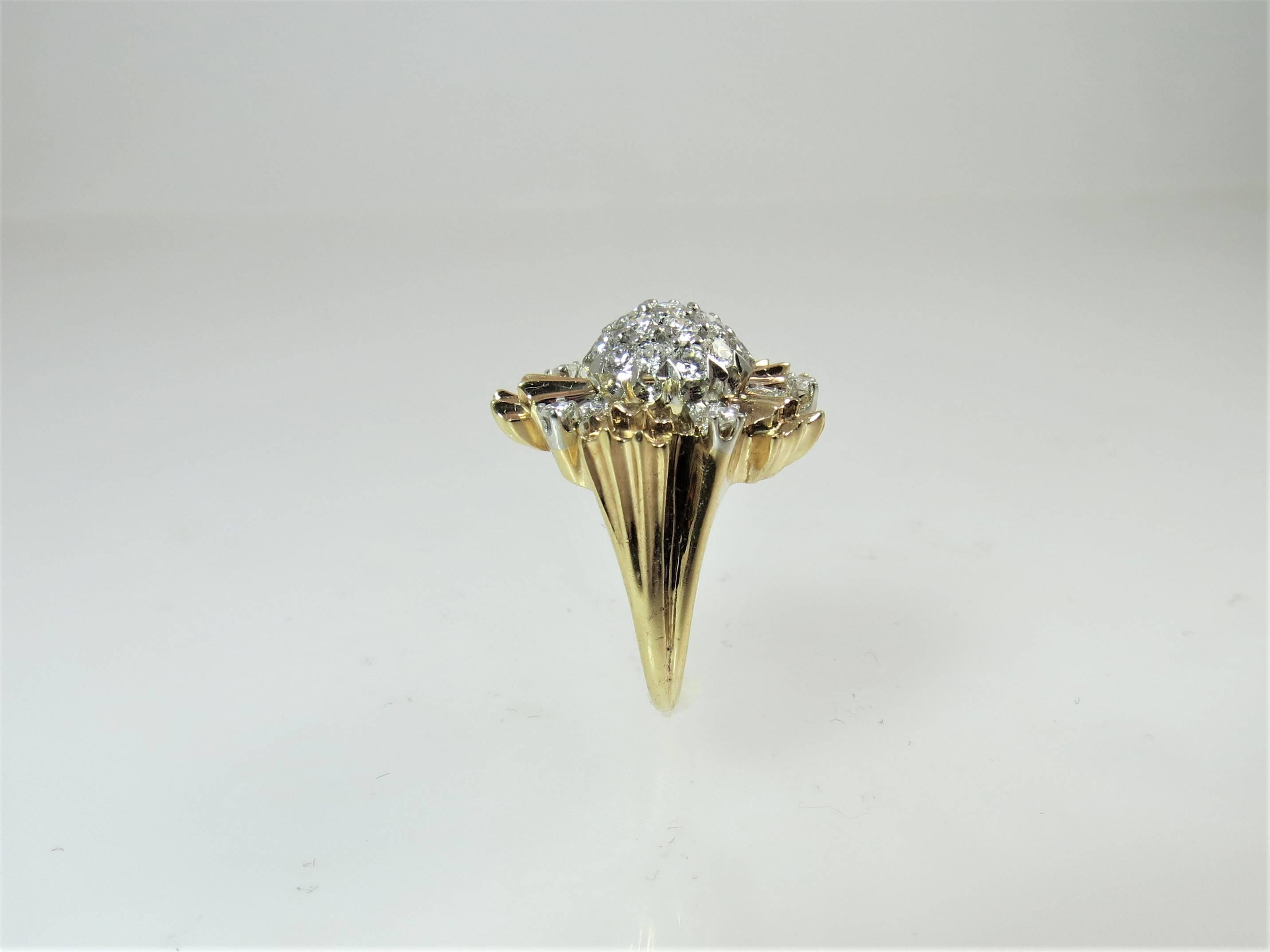 Contemporary 14 Karat Yellow and White Gold Diamond Starburst Design Ring For Sale