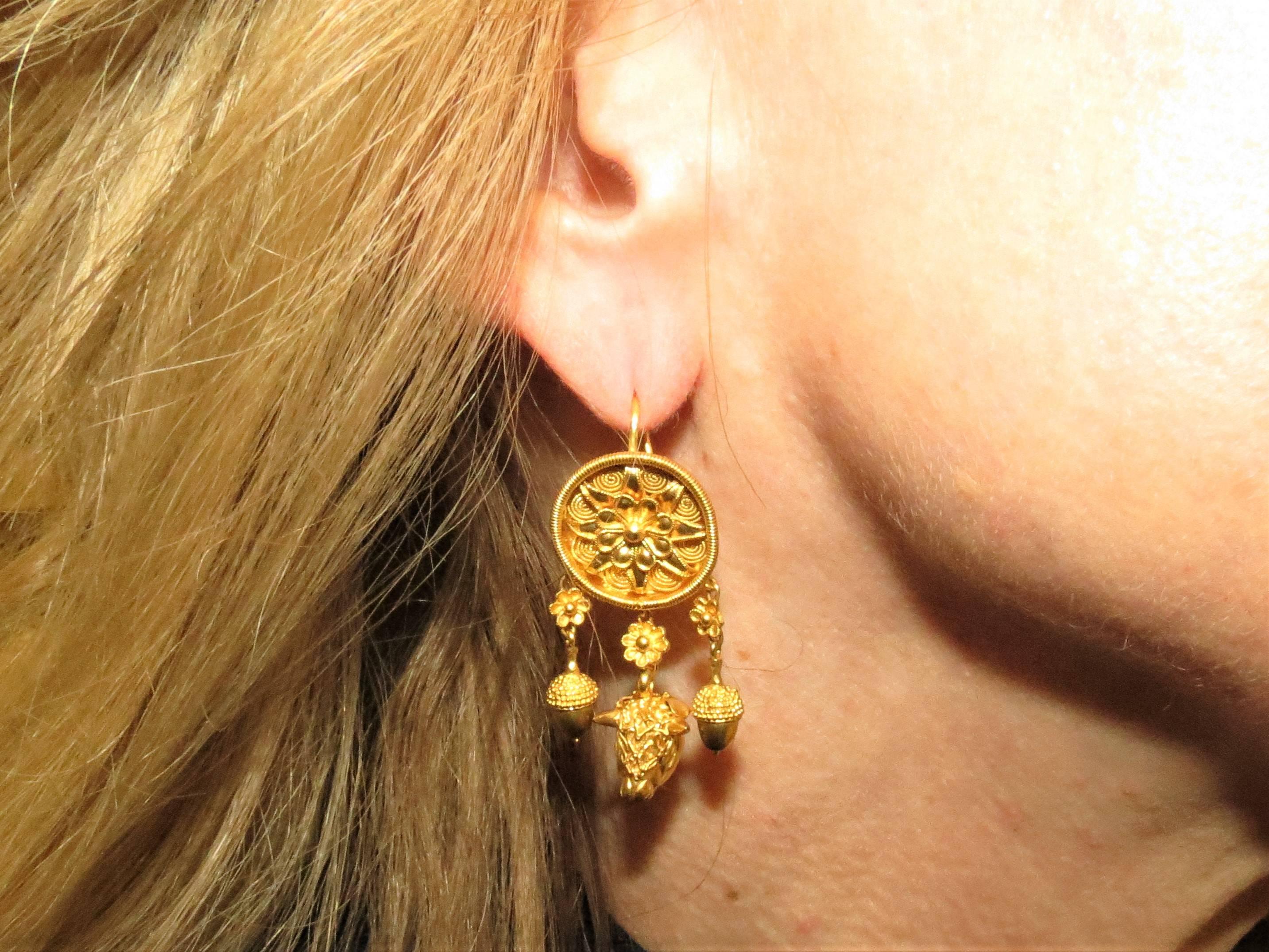 Greek designer, Demetri Sabanis, 22K yellow gold dangle earrings, with ram and acorn motifs, with wire backs, granulated gold design.