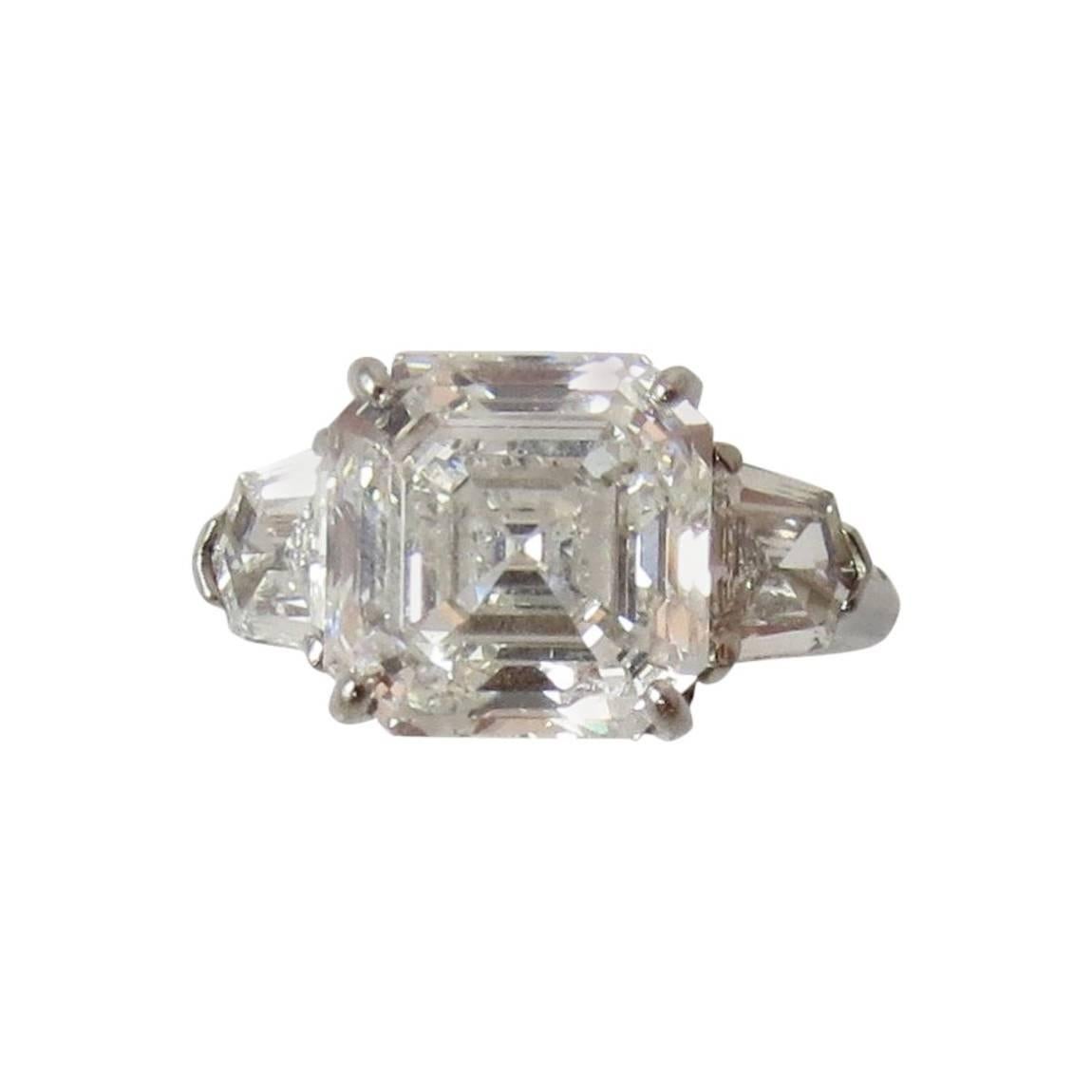 5.01 Carat GIA Certified Emerald Cut Diamond "Asscher" Three-Stone Platinum Ring