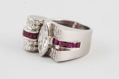 1930s Mounting Set with Marquise Diamond Gia D, VVS2 Round Diamonds and Rubies