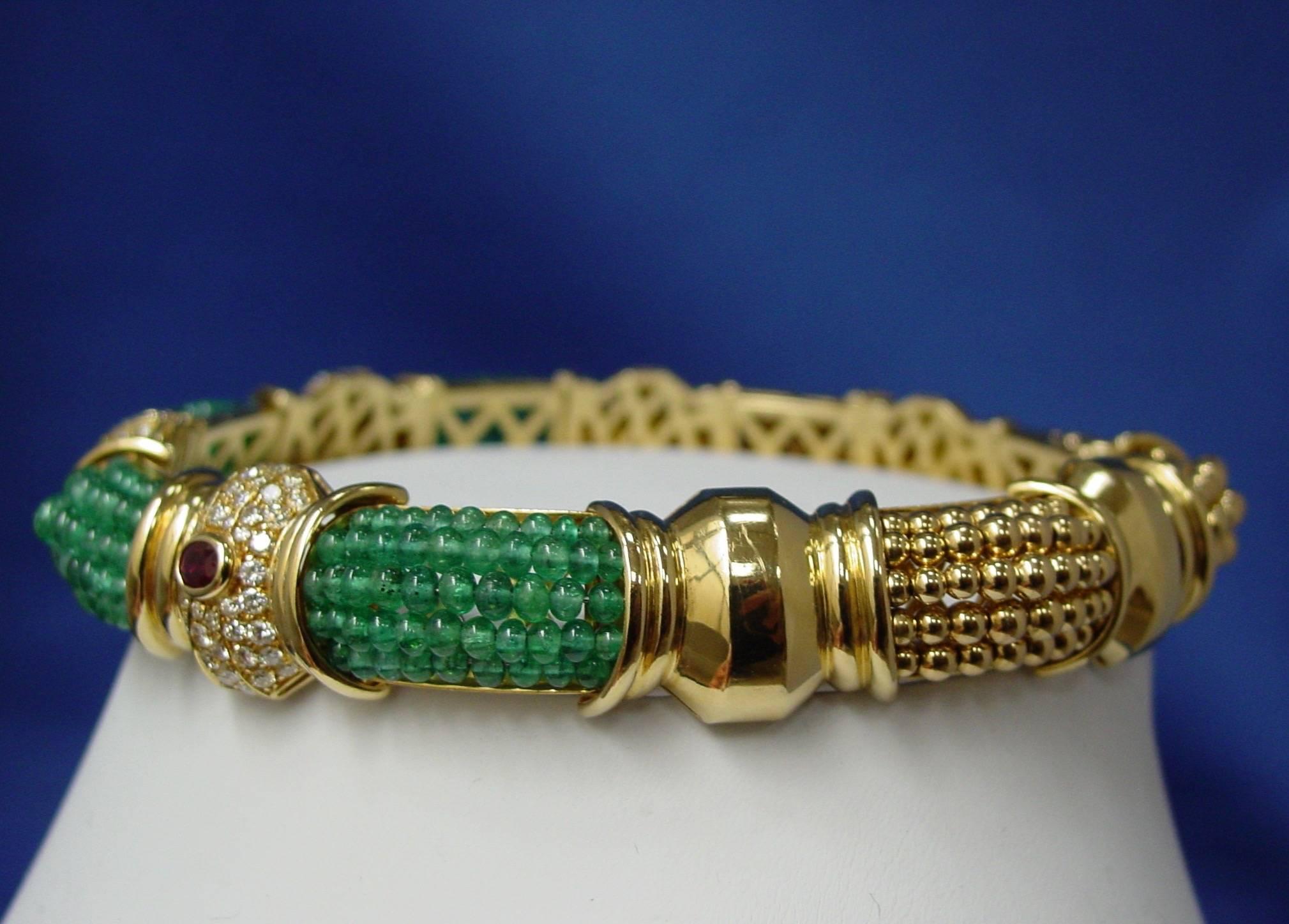 18 Karat Yellow Gold Emerald Bead, Ruby and Diamond Choker In Good Condition For Sale In Beverly Hills, CA