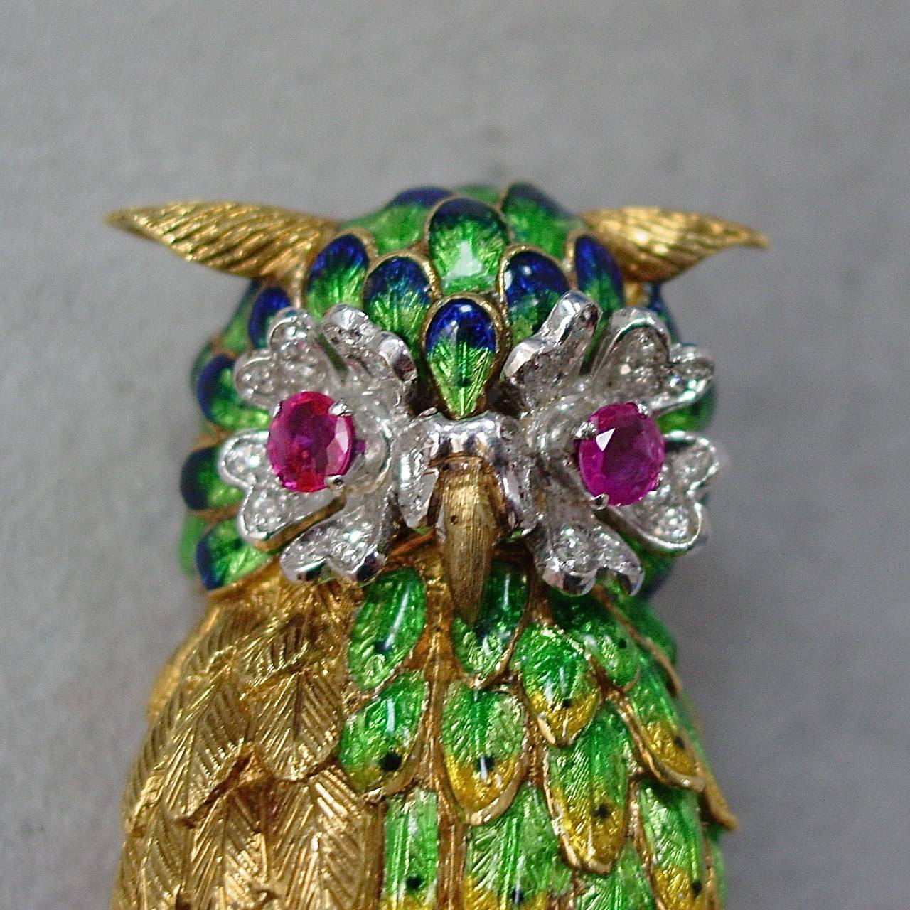 Women's Enameled Ruby Diamond Owl Brooch