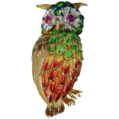Enameled Ruby Diamond Owl Brooch
