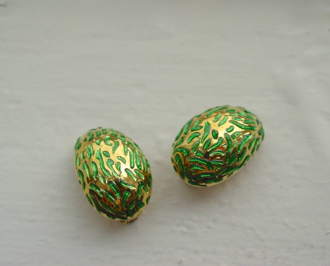 David Webb Green Enamel Gold Ear Clips