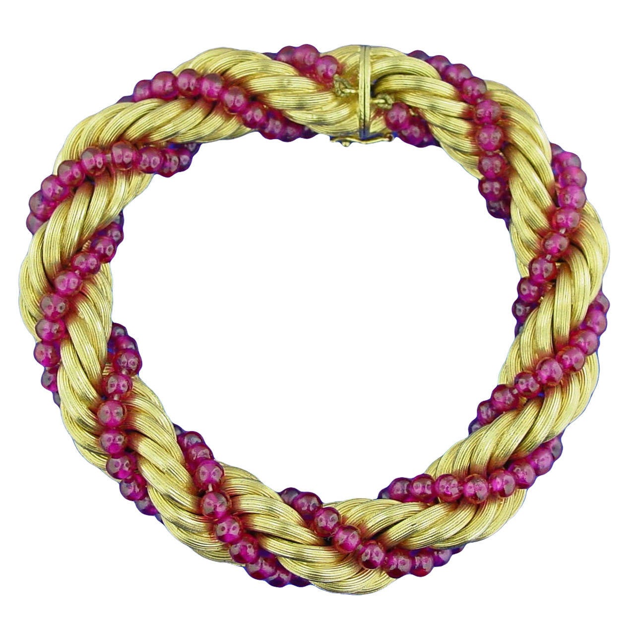 Gold and Synethic Ruby Twisted Rope Bracelet For Sale
