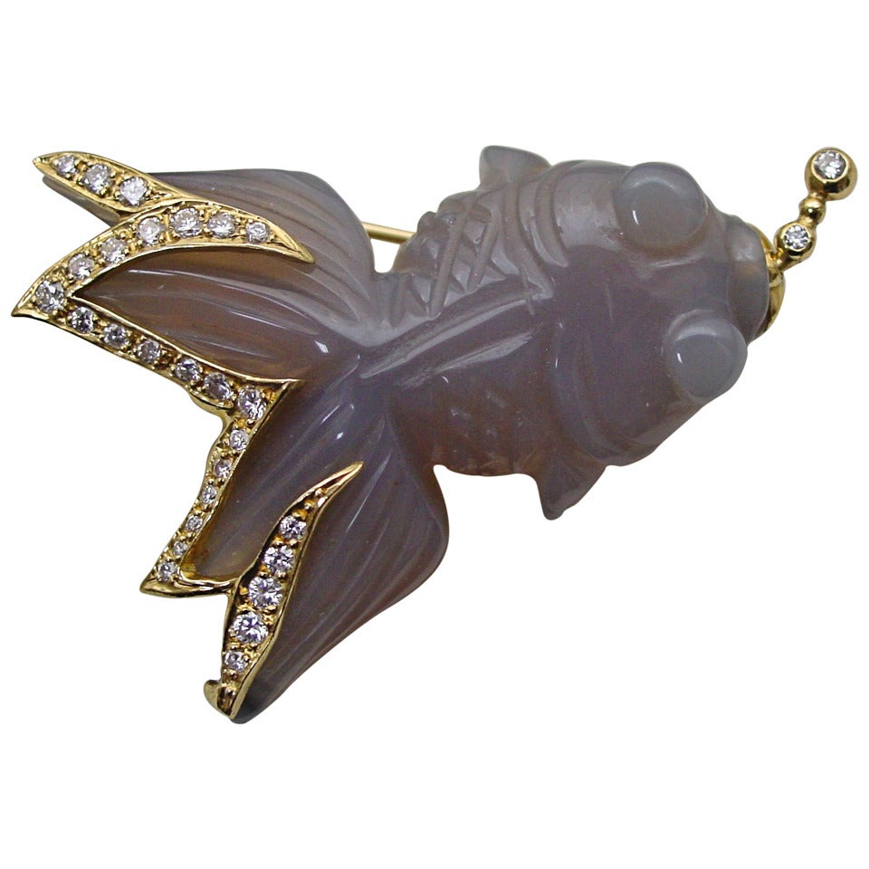 Carved Chalcedony Diamond Gold Koi Brooch For Sale