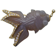 Carved Chalcedony Diamond Gold Koi Brooch