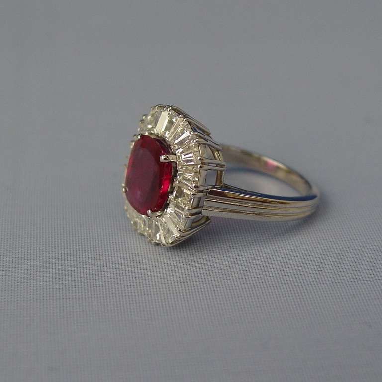 Cushion Cut 2.67 Carat Burma Ruby, Diamond and Platinum Ring For Sale