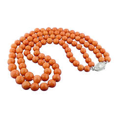 Double Strand Necklace of Graduated Coral Beads With Diamond Clasp