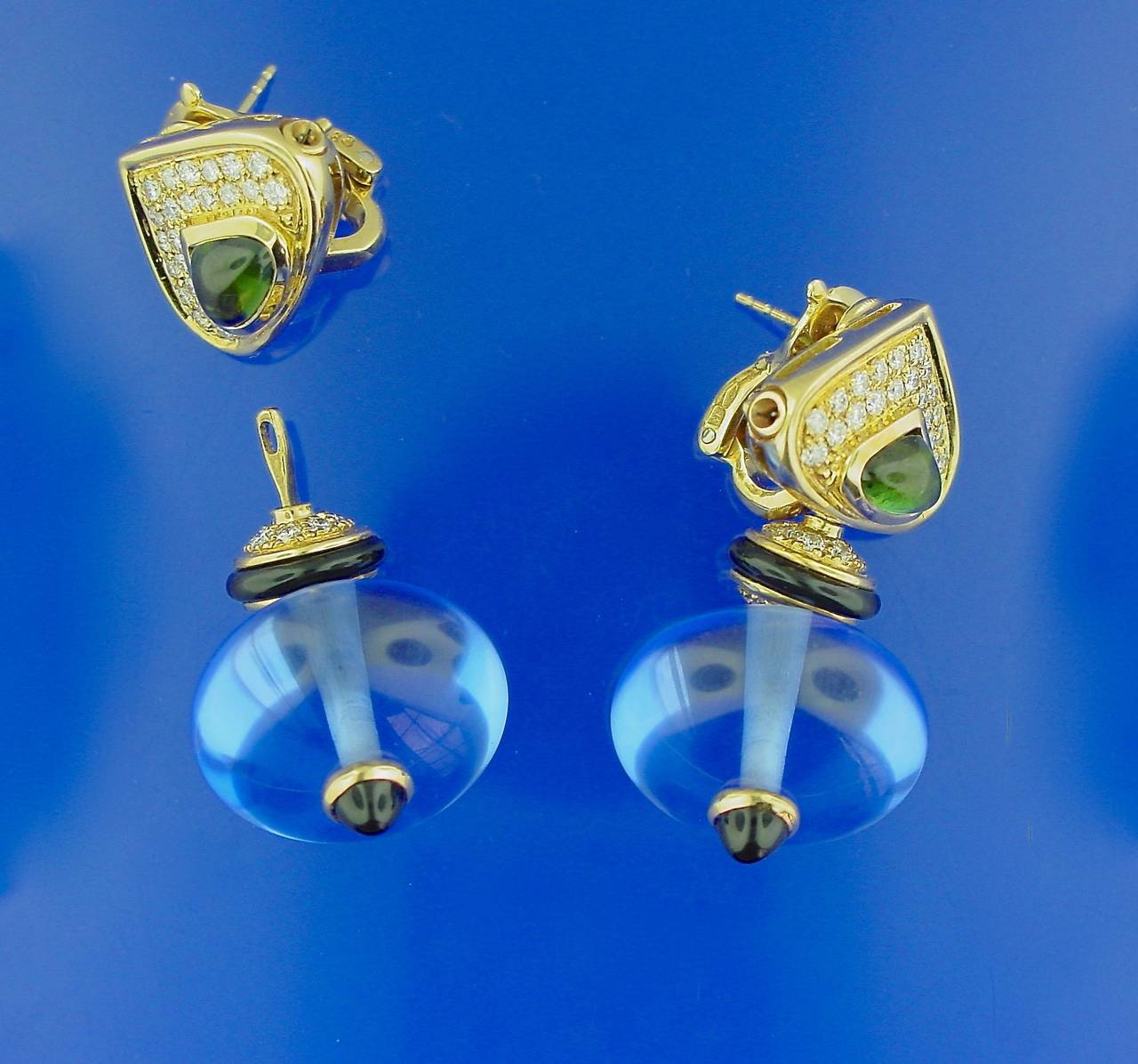 A Pair of Marina B 'Pneu' 18 Karat Yellow Gold Blue Bead Drop Earrings set with Diamonds, Onyx and Green Tourmalines. With detachable tops, which may be worn separately and interchangeable bottoms. Set with approximately 1.15 carats of round cut