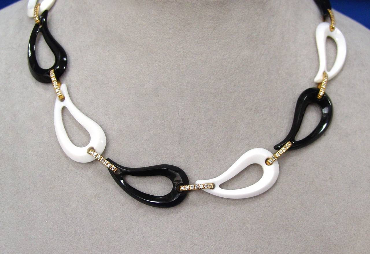 Women's Onyx White Agate Diamond Gold Link Necklace