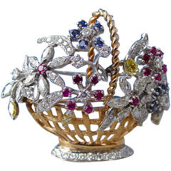 Ruby Sapphire Diamond Gold Jardiniere Brooch 5