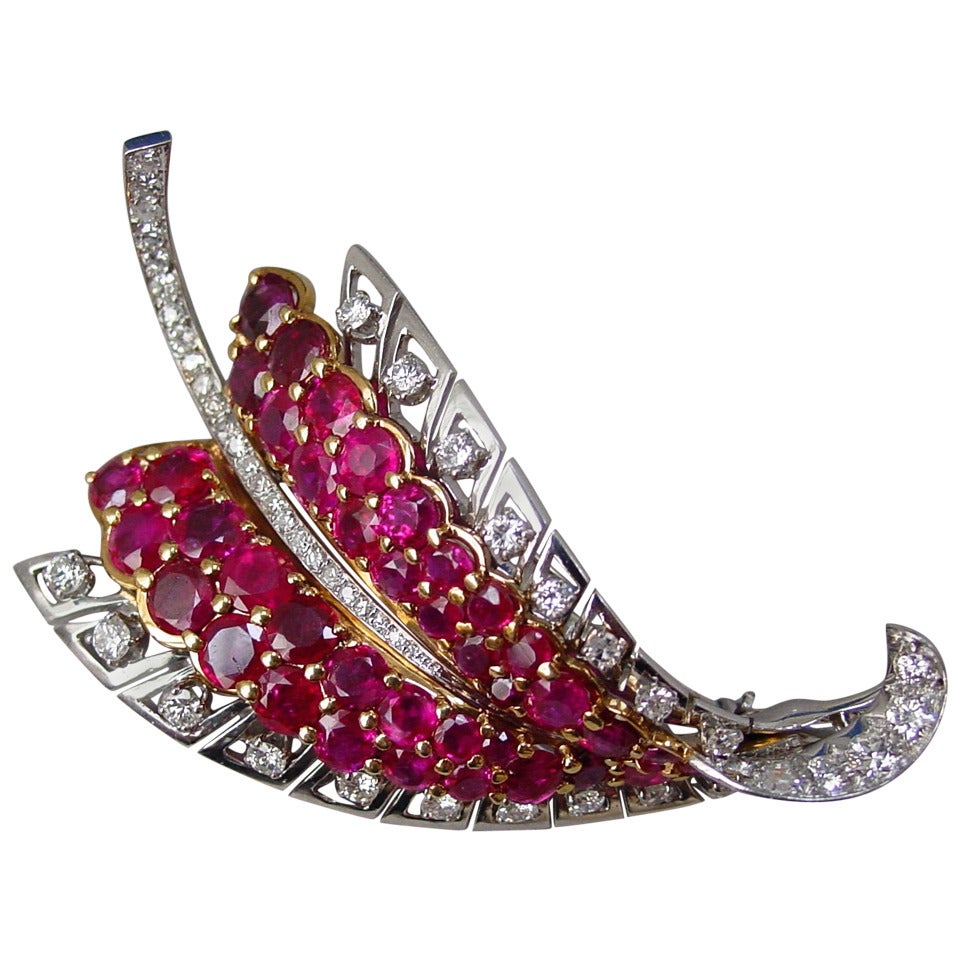Ruby and Diamond Leaf Brooch For Sale