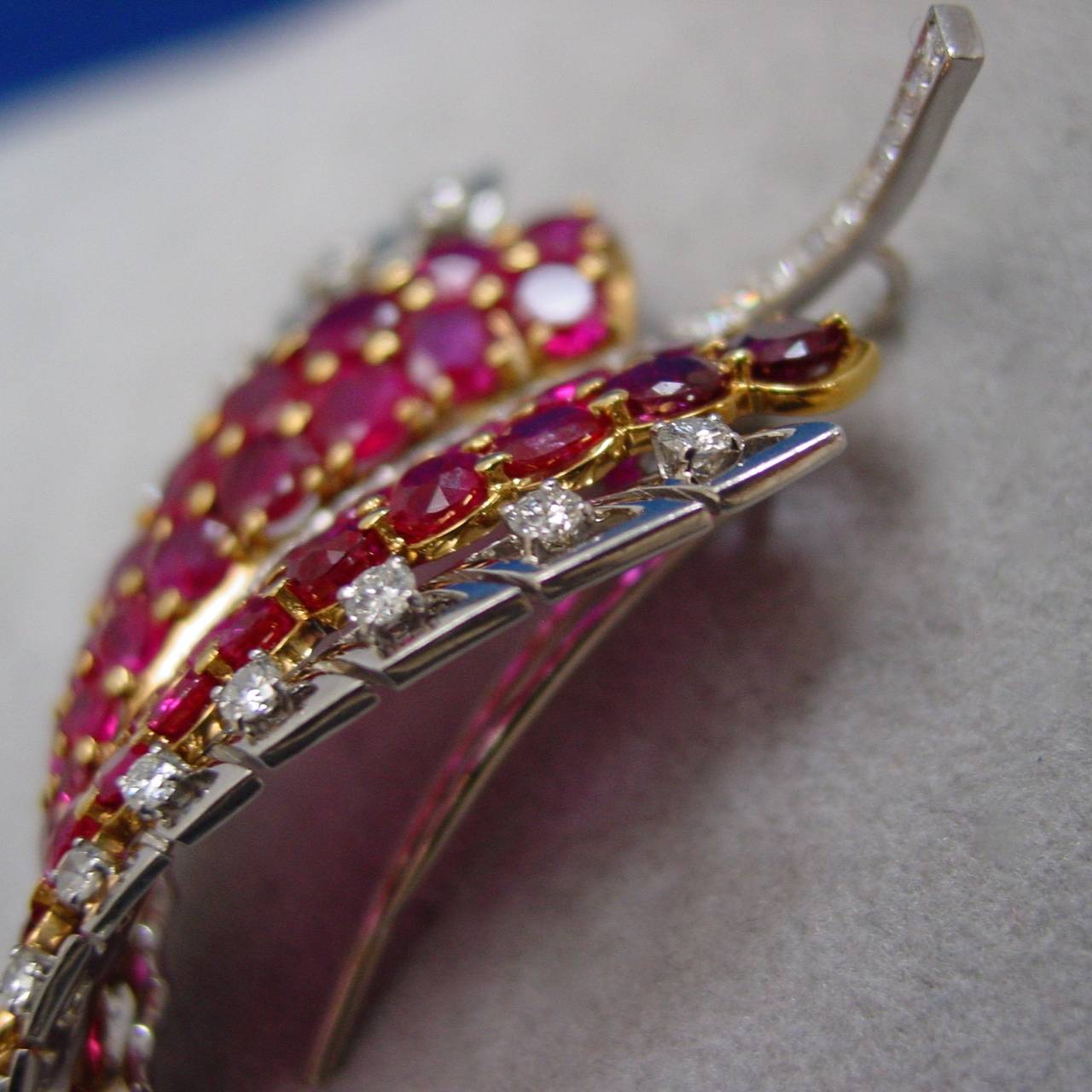 Women's Ruby and Diamond Leaf Brooch For Sale