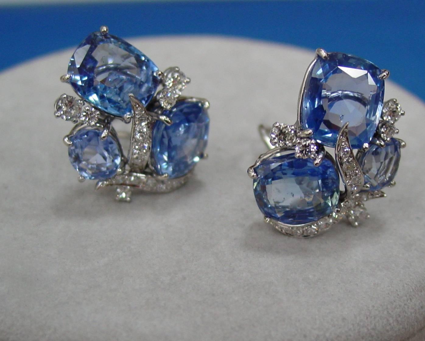 Sapphire Diamond Cluster Earrings In Excellent Condition For Sale In Beverly Hills, CA