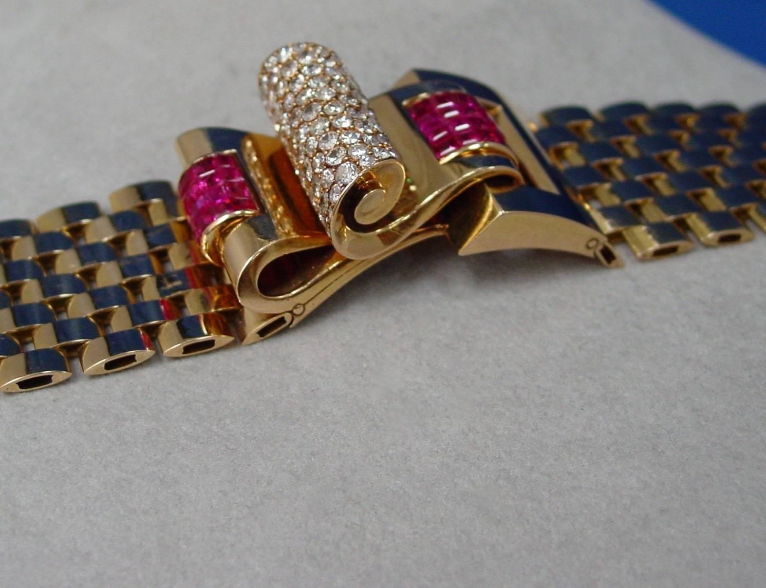 Regner Paris Ruby Diamond Gold Retro Bracelet In Excellent Condition For Sale In Beverly Hills, CA