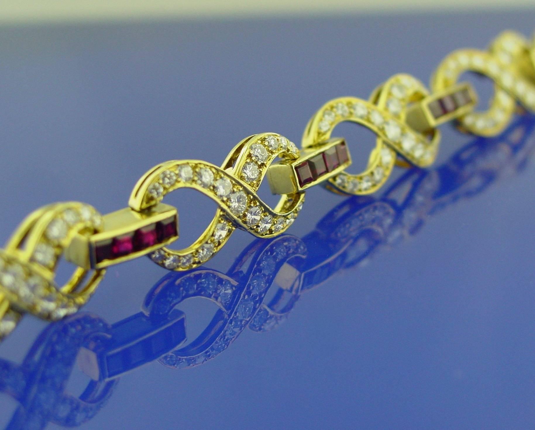 Art Deco Ruby Diamond Gold Link Bracelet For Sale
