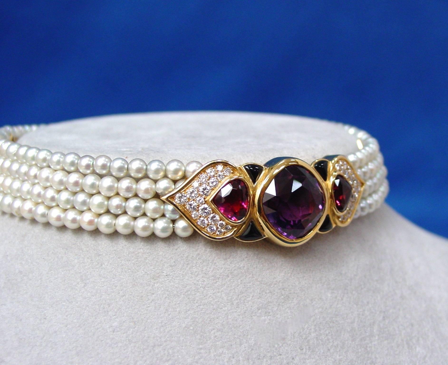 A Four Row Cultured Pearl, Amethyst, Pink Tourmaline, Diamond and Onyx “Pauline” Torque Necklace by Marina B. With maker’s mark and French hallmarks, France 18k A725. This classic necklace is set with approximately 1.60 carats of diamonds,