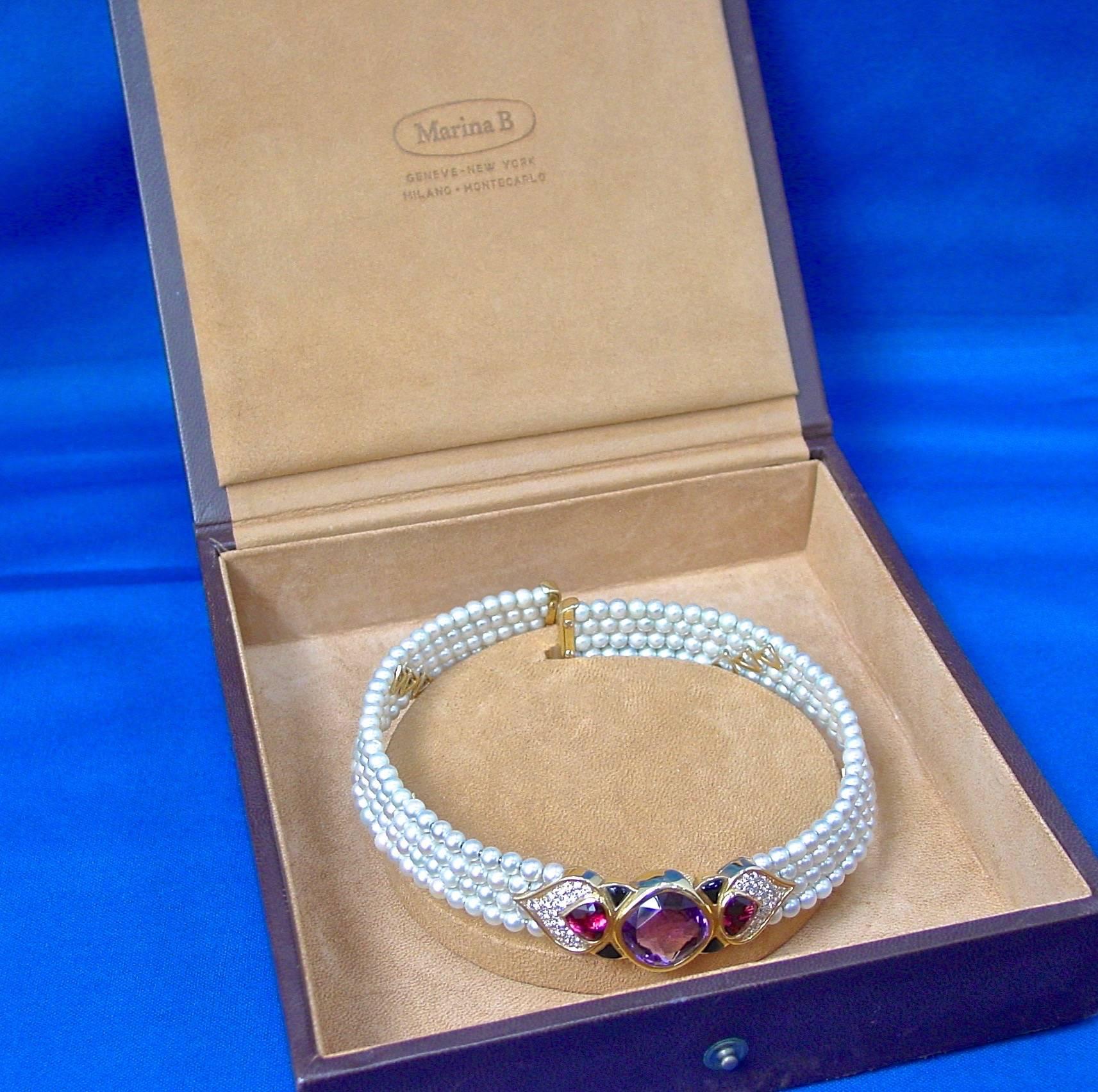 Marina B Pearl Amethyst Tourmaline Diamond Gold Pauline Necklace In Excellent Condition For Sale In Beverly Hills, CA