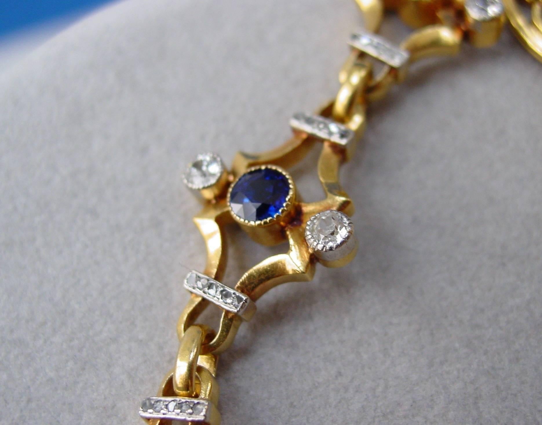 French Art Nouveau Sapphire Diamond Gold Bracelet In Excellent Condition For Sale In Beverly Hills, CA