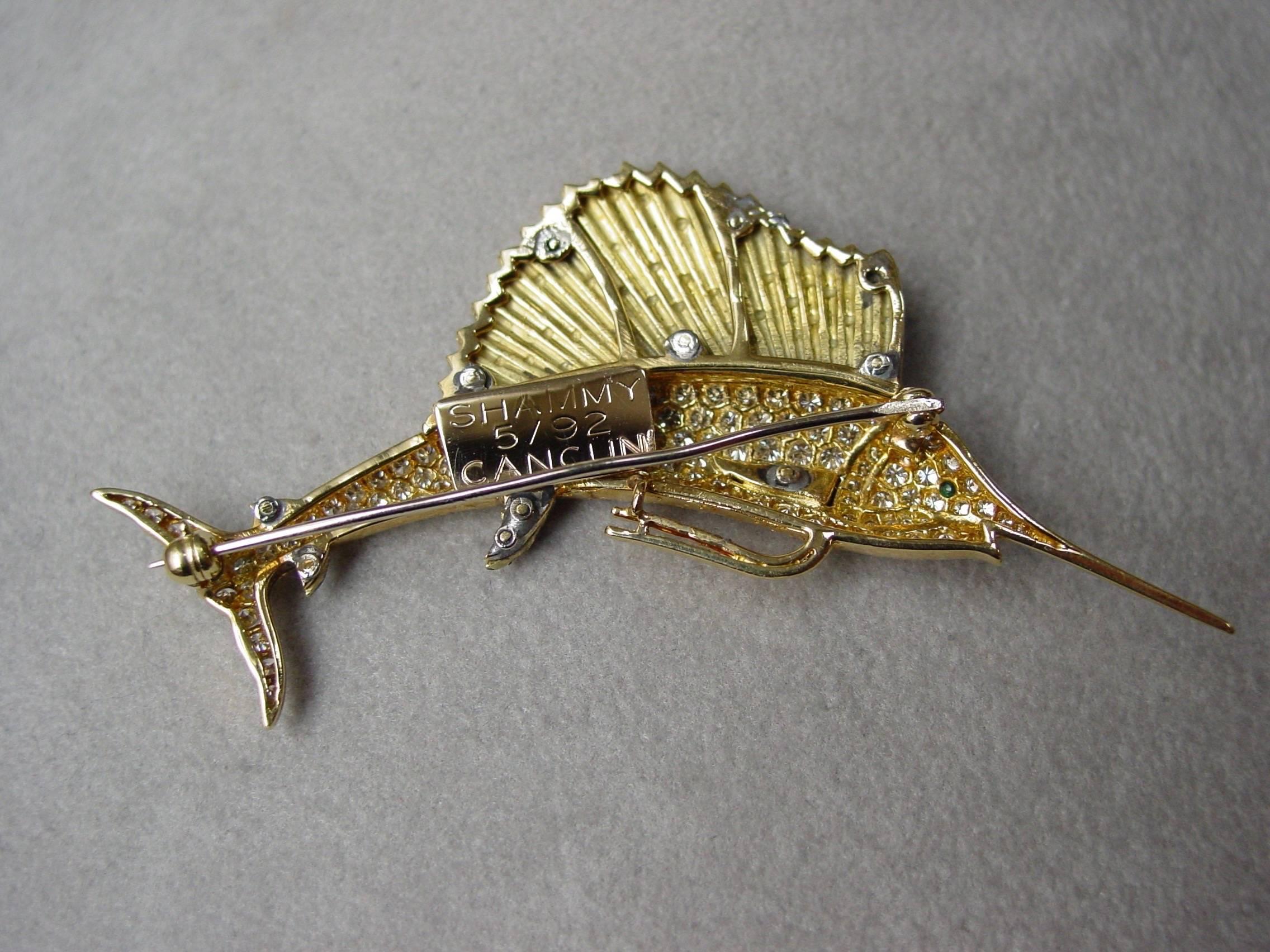 Diamond and Enamel Sailfish Brooch In Excellent Condition For Sale In Beverly Hills, CA