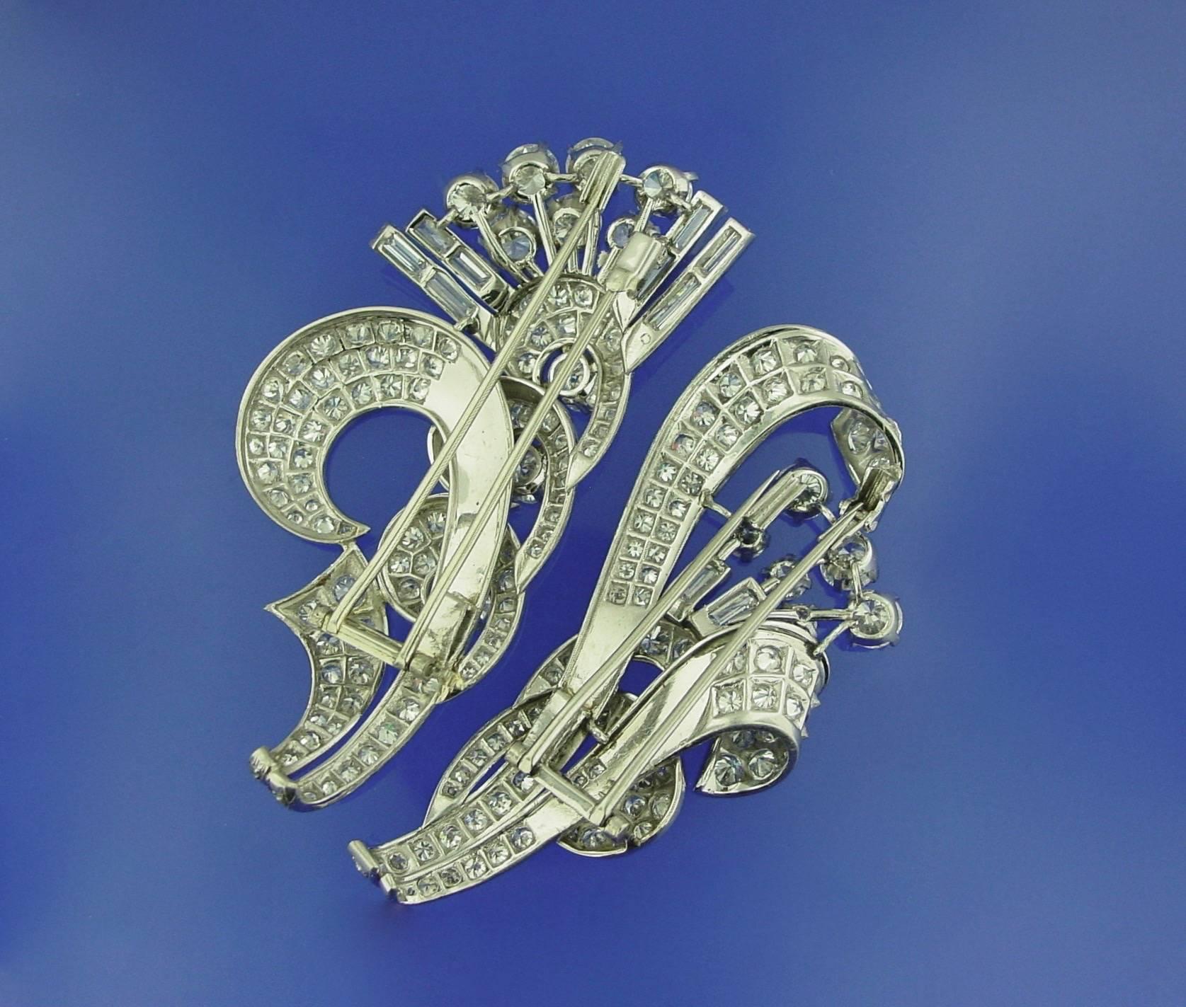 Women's Diamond Platinum Double Clip Brooch For Sale
