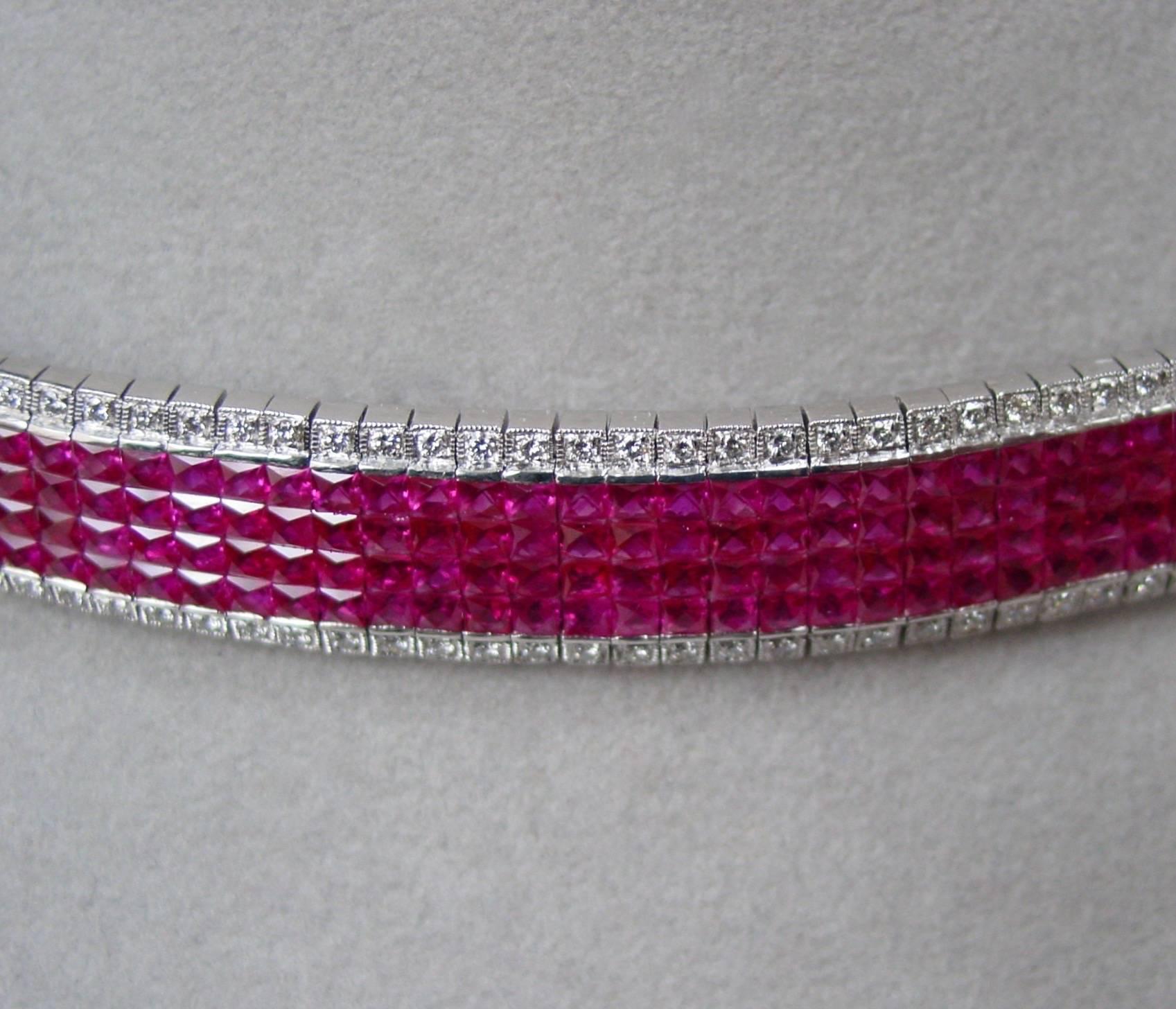 Invisibly Set French Cut Ruby Diamond Platinum Bracelet For Sale 1