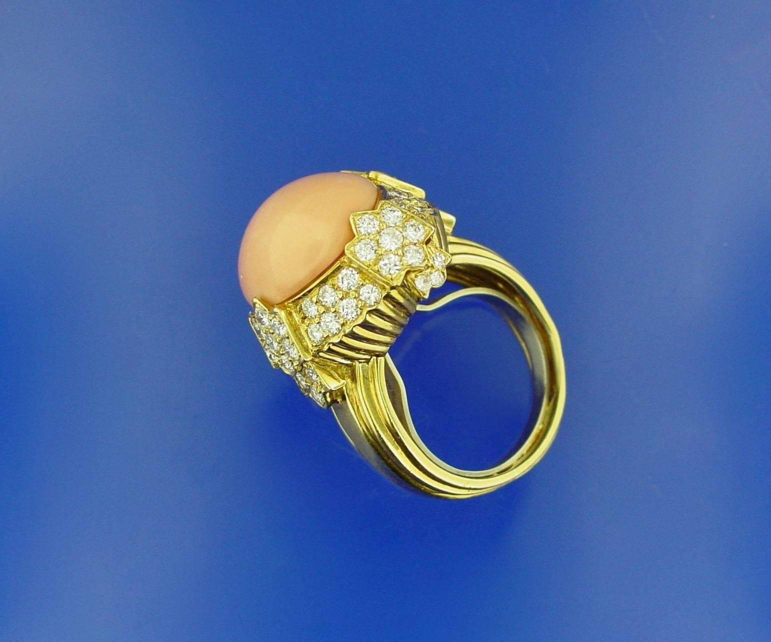 Women's French Coral Diamond Yellow Gold Ring