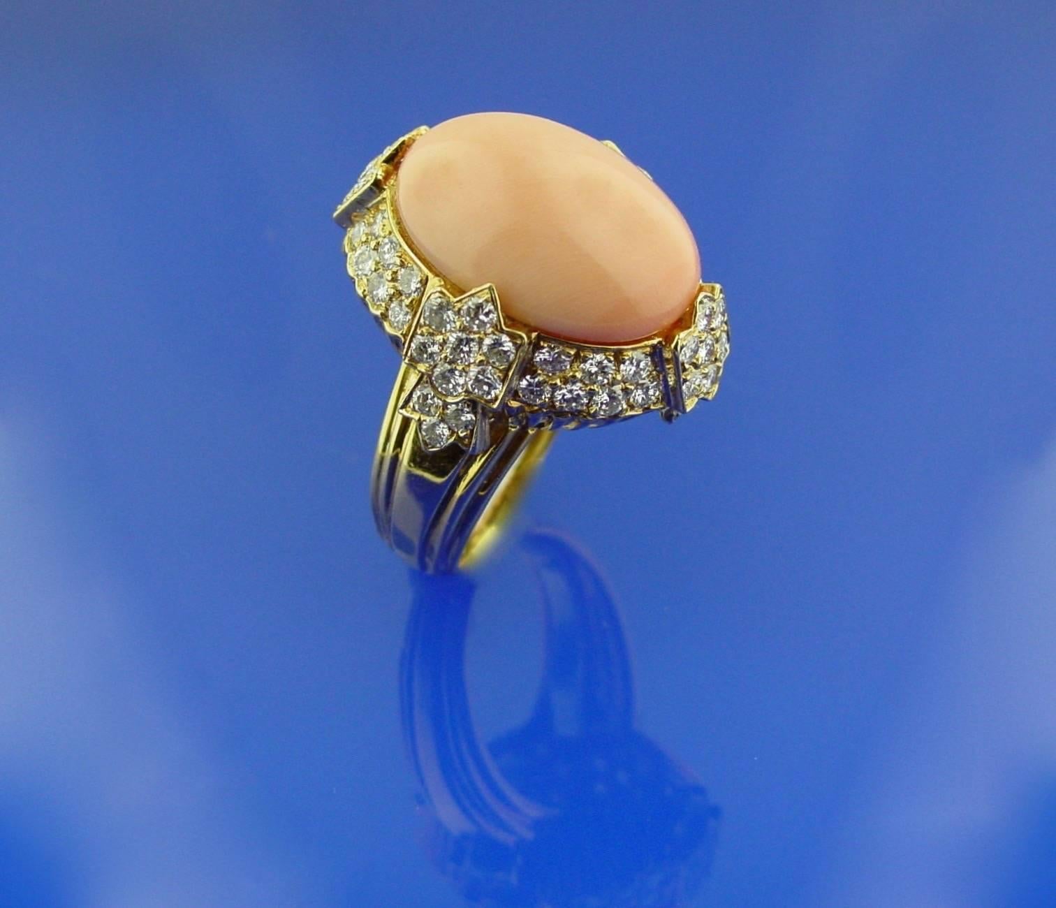 French Coral Diamond Yellow Gold Ring 1