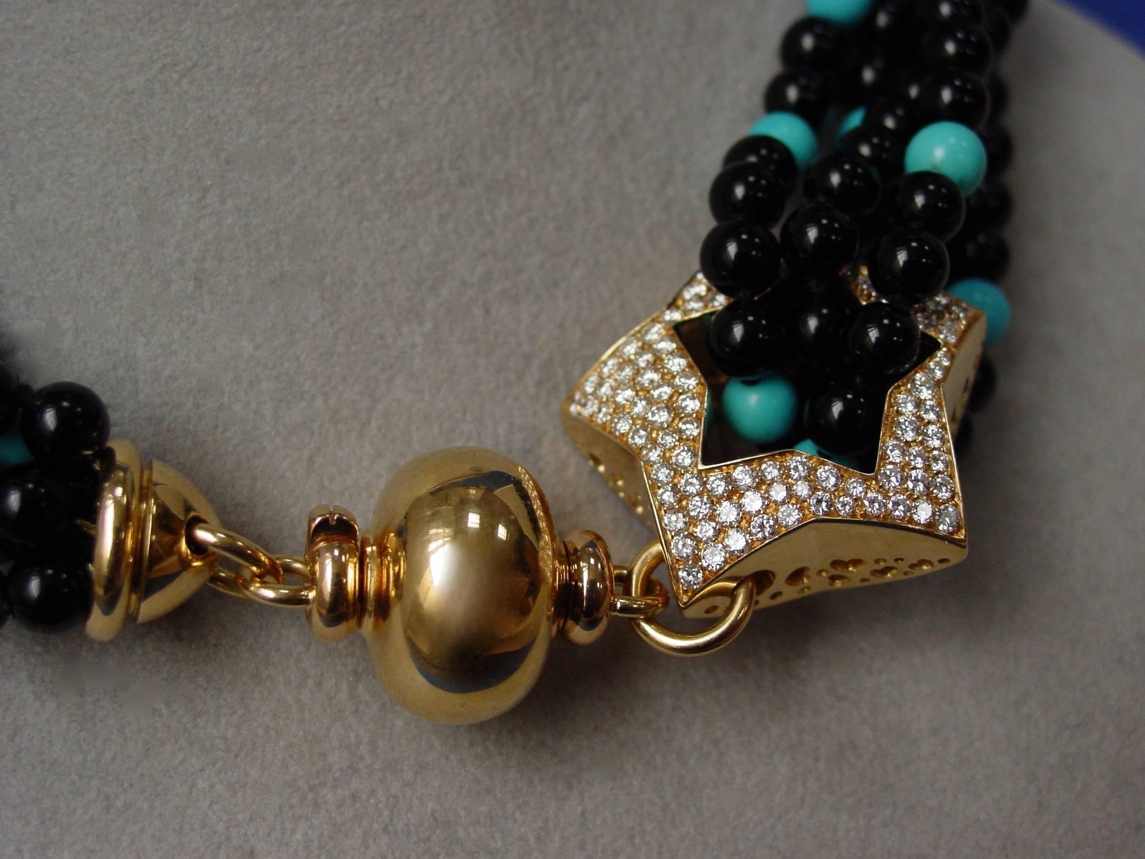 Turquoise and Onyx Bead Torsade Necklace In Excellent Condition For Sale In Beverly Hills, CA