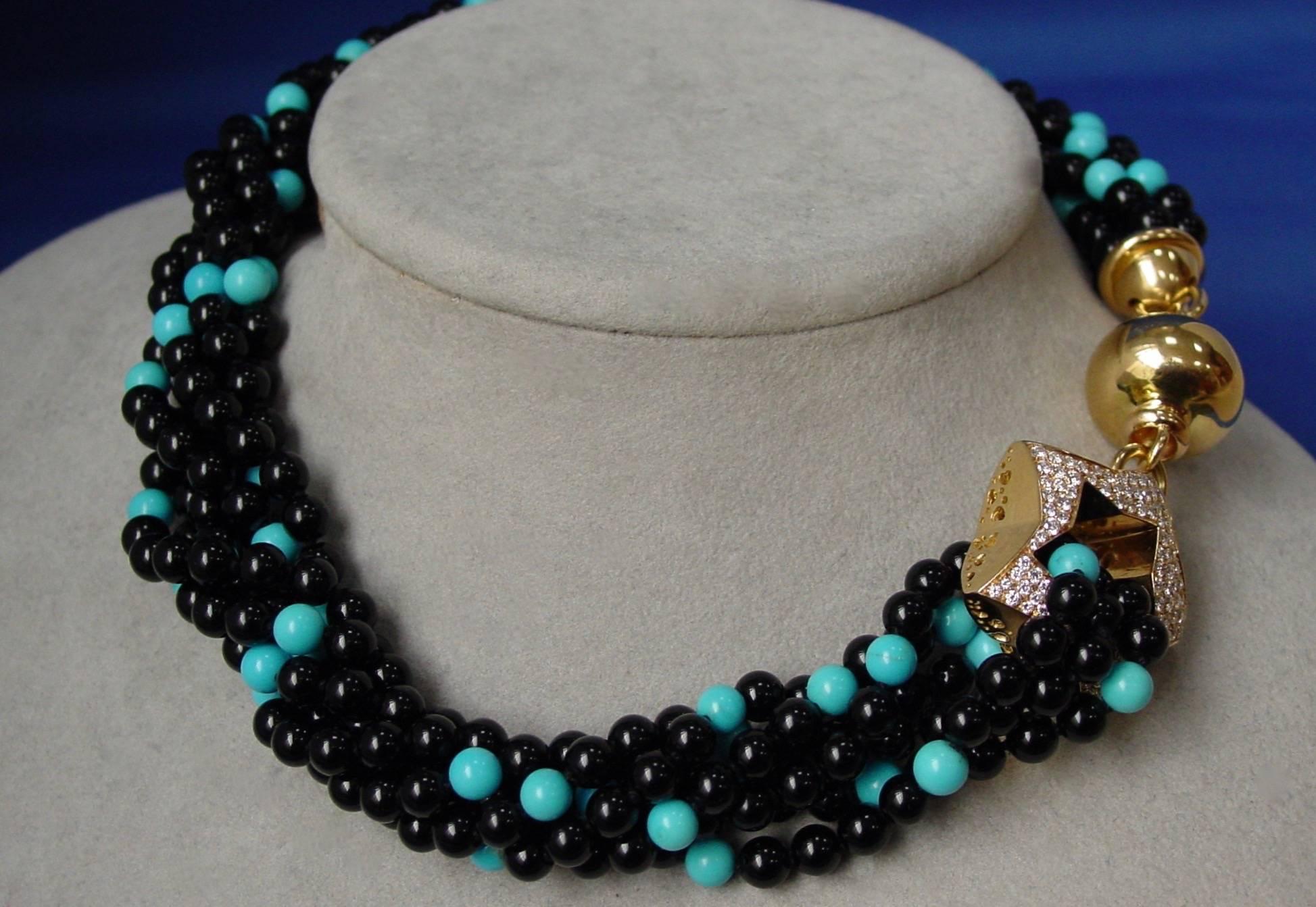 Turquoise and Onyx Bead Torsade Necklace For Sale 1
