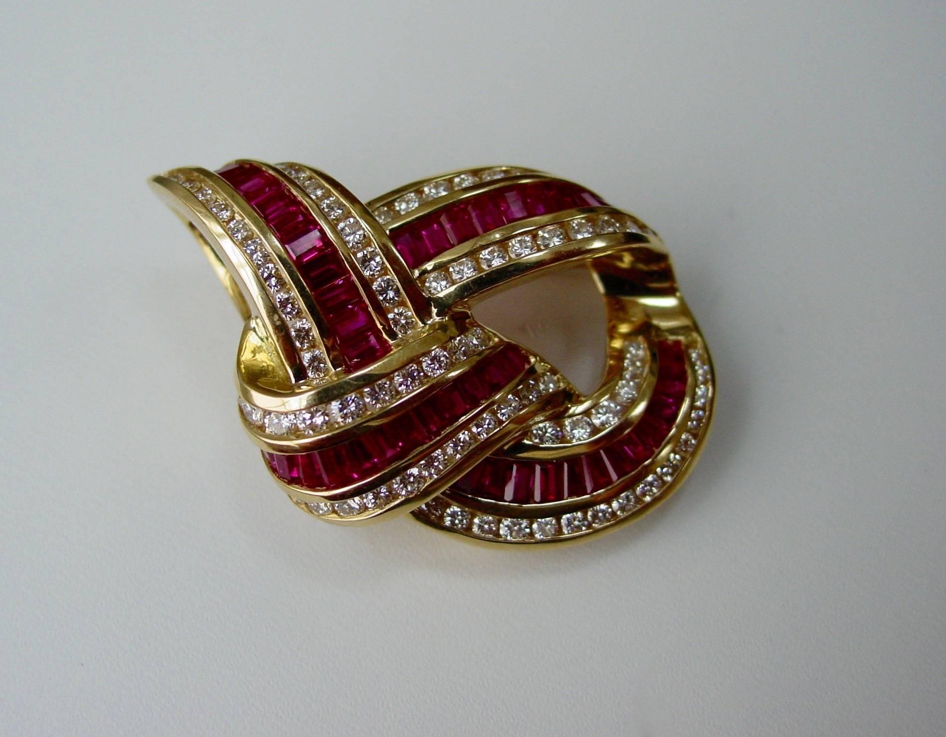 Charles Krypell Ruby and Diamond Brooch and Earring Set In Excellent Condition For Sale In Beverly Hills, CA