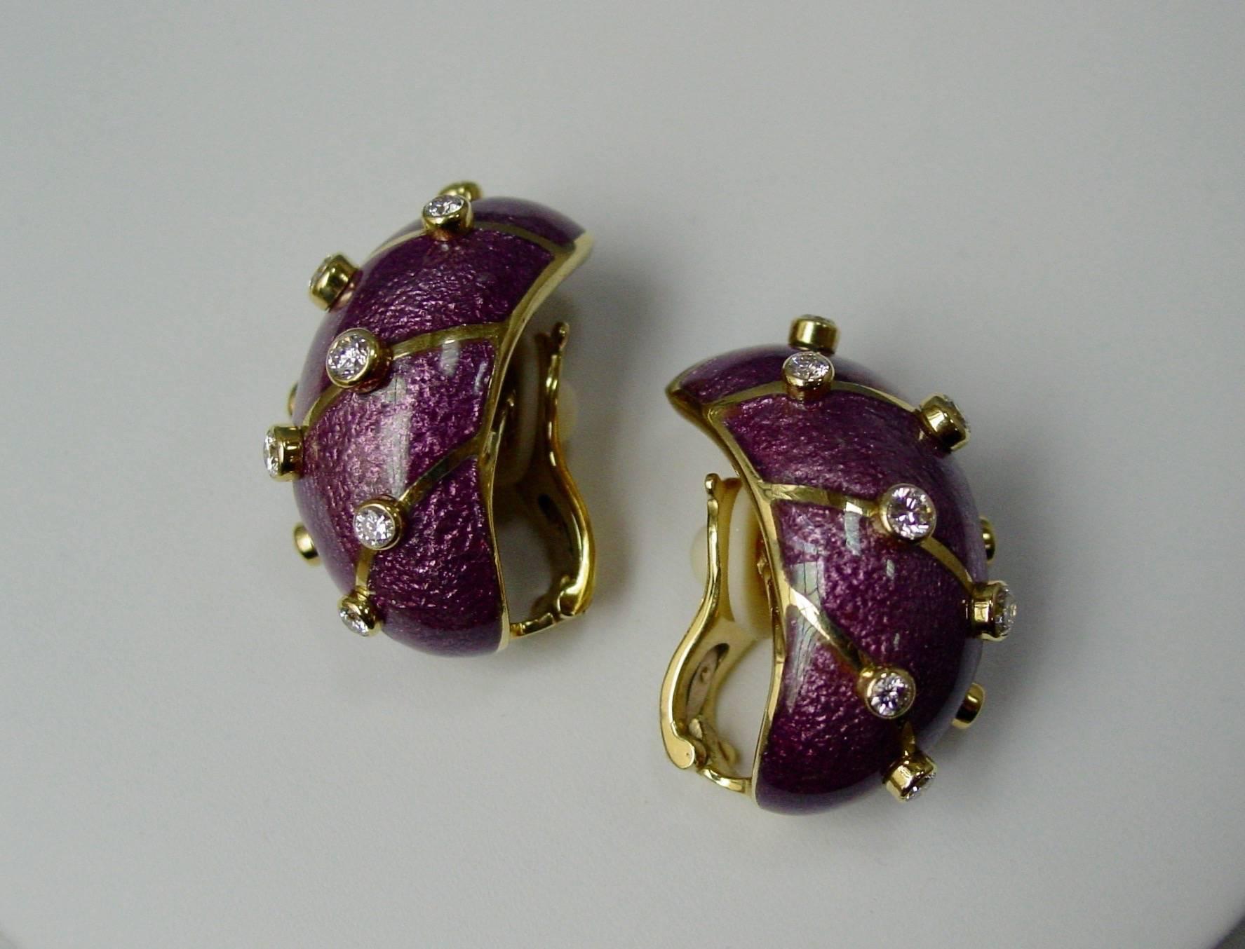 A wonderfully purple pair of paillonné enamel earclips mounted in 18 karat yellow gold and set with twenty round brilliant bezel set diamonds weighing approximately 1.40 carats in total. Signed Tiffany & Co.,Schlumberger STD 750  France.
