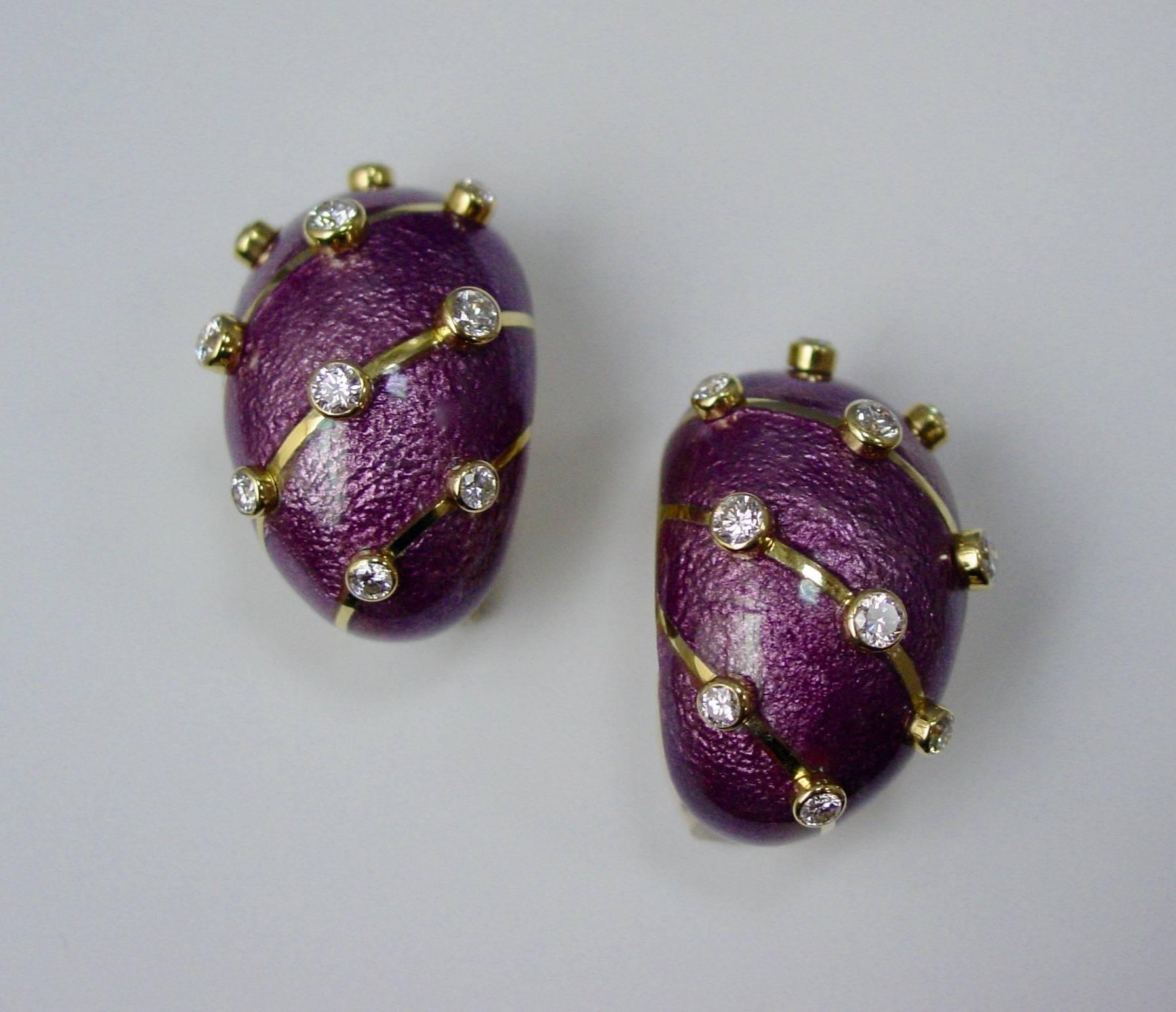 Tiffany & Co. Schlumberger Purple Paillonne Enamel and Diamond Earclips In Excellent Condition For Sale In Beverly Hills, CA