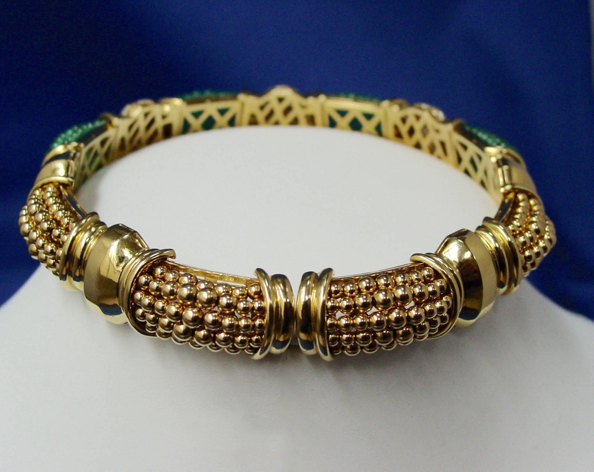 Women's or Men's 18 Karat Yellow Gold Emerald Bead, Ruby and Diamond Choker For Sale
