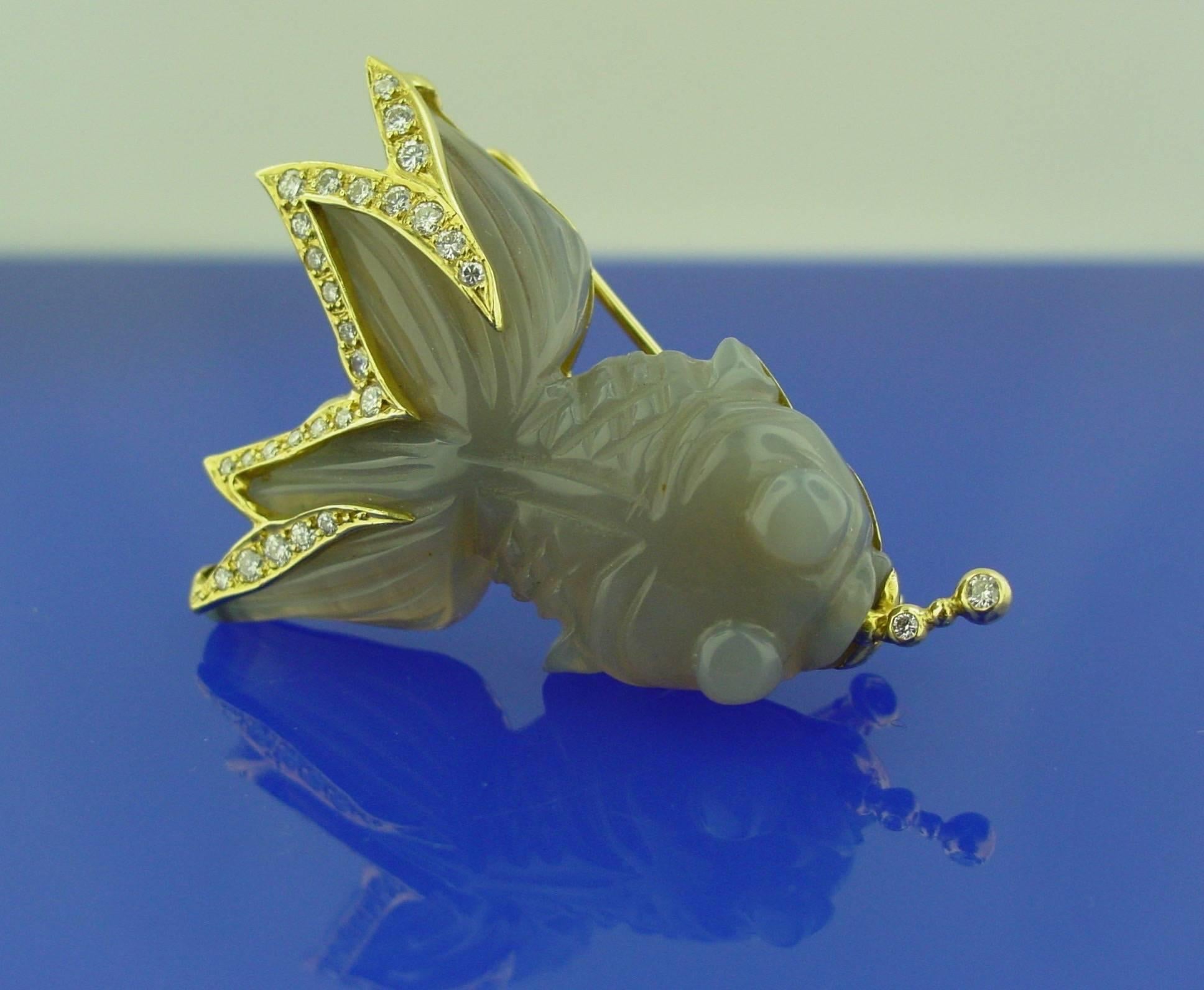 Women's Carved Chalcedony Diamond Gold Koi Brooch For Sale