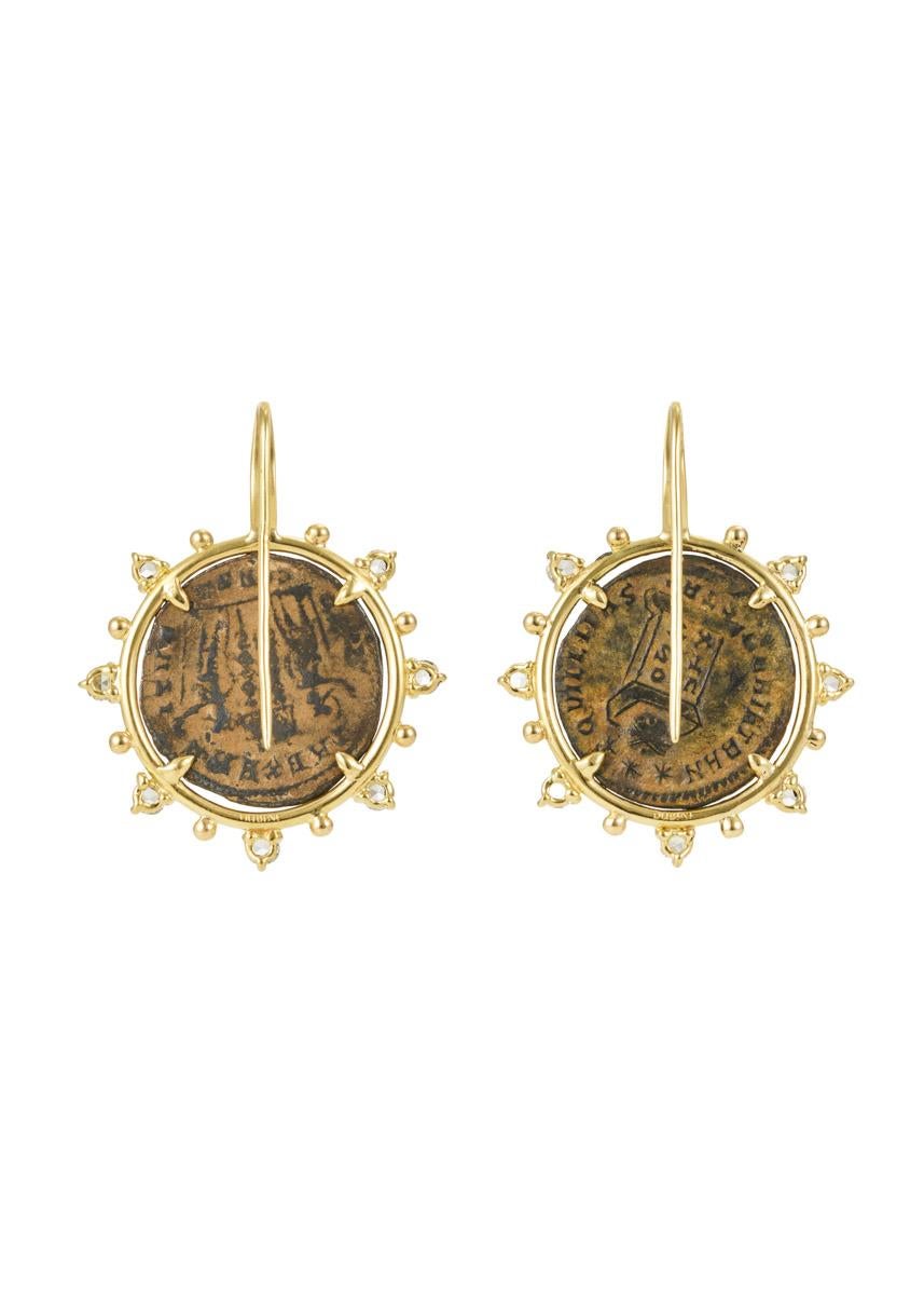 Romain classique Boucles d'oreilles en or jaune 18K Dubini Roman Ancient Bronze Coin Diamond en vente