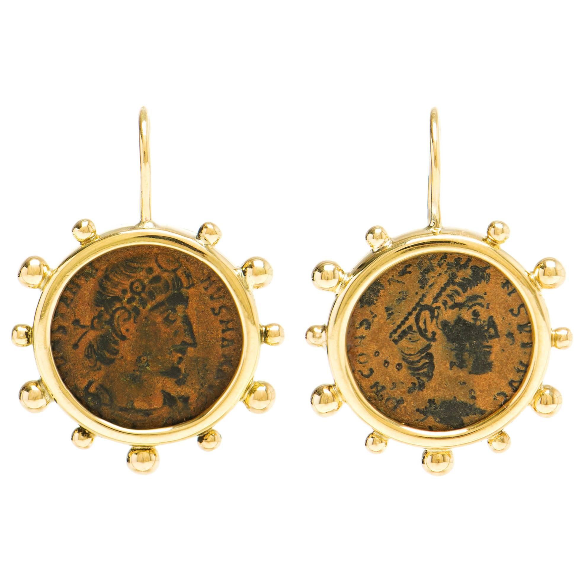 Dubini Constantine Roman Ancient Bronze Coin 18K Yellow Gold Earrings
