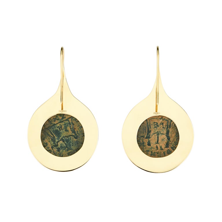 Classical Roman Dubini Imperial Roman Ancient Bronze Coin 18 Karat Yellow Gold Earrings For Sale