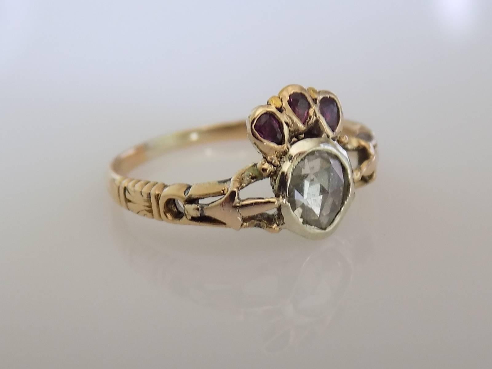 Rose Cut 1780s Georgian Ruby Diamond Gold Crowned Heart Ring